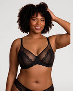 PLERIVA Unlined Lace Underwire Minimizer Bra in Black, front view on model with hand in hair