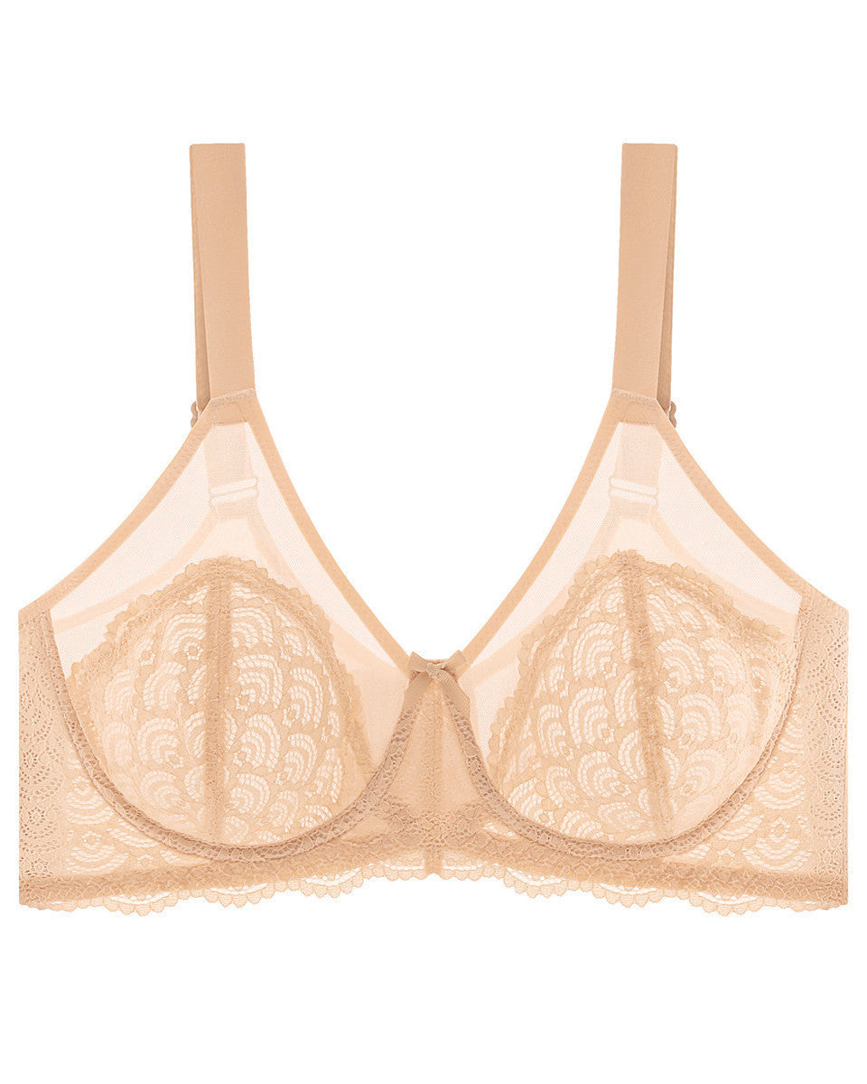 PLERIVA Unlined Lace Underwire Minimizer Bra in Nude, flat lay showing lace cups and straps