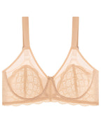 PLERIVA Unlined Lace Underwire Minimizer Bra in Nude, flat lay showing lace cups and straps