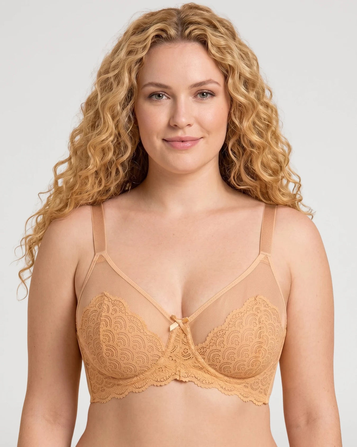 PLERIVA Unlined Lace Underwire Minimizer Bra in Nude, front view on model