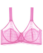 PLERIVA Unlined Lace Underwire Minimizer Bra in Pink, flat lay showing lace cups and straps