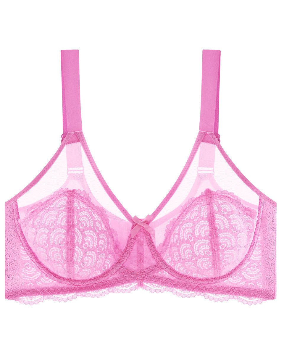 PLERIVA Unlined Lace Underwire Minimizer Bra in Pink, flat lay showing lace cups and straps