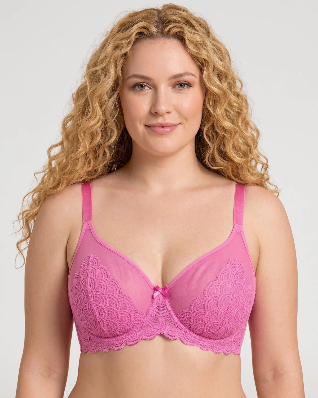 PLERIVA Unlined Lace Underwire Minimizer Bra in Pink, front view on model
