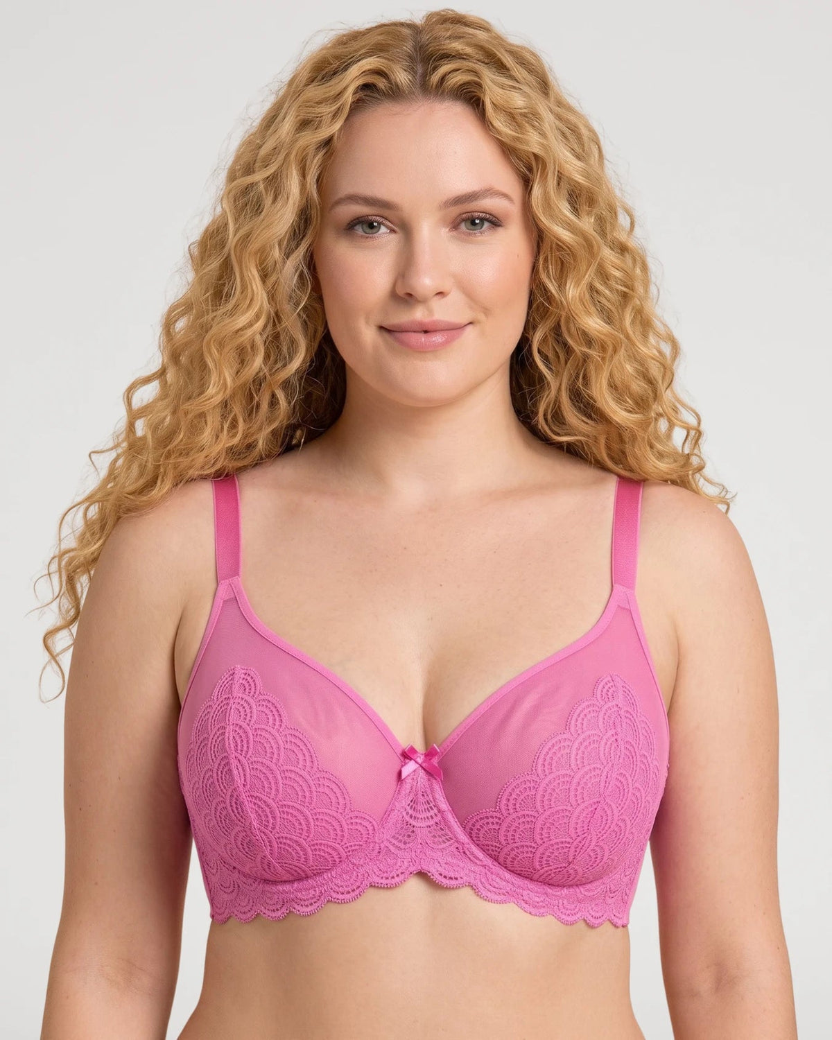PLERIVA Unlined Lace Underwire Minimizer Bra in Pink, front view on model
