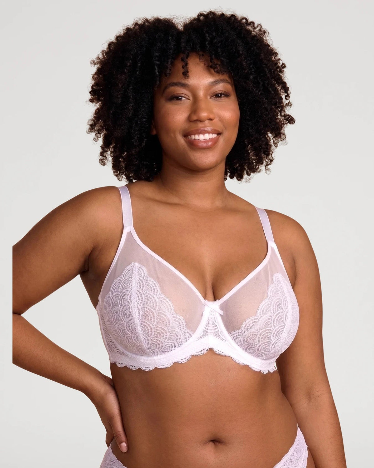 PLERIVA Unlined Lace Underwire Minimizer Bra in White, front view on model with hand on hip