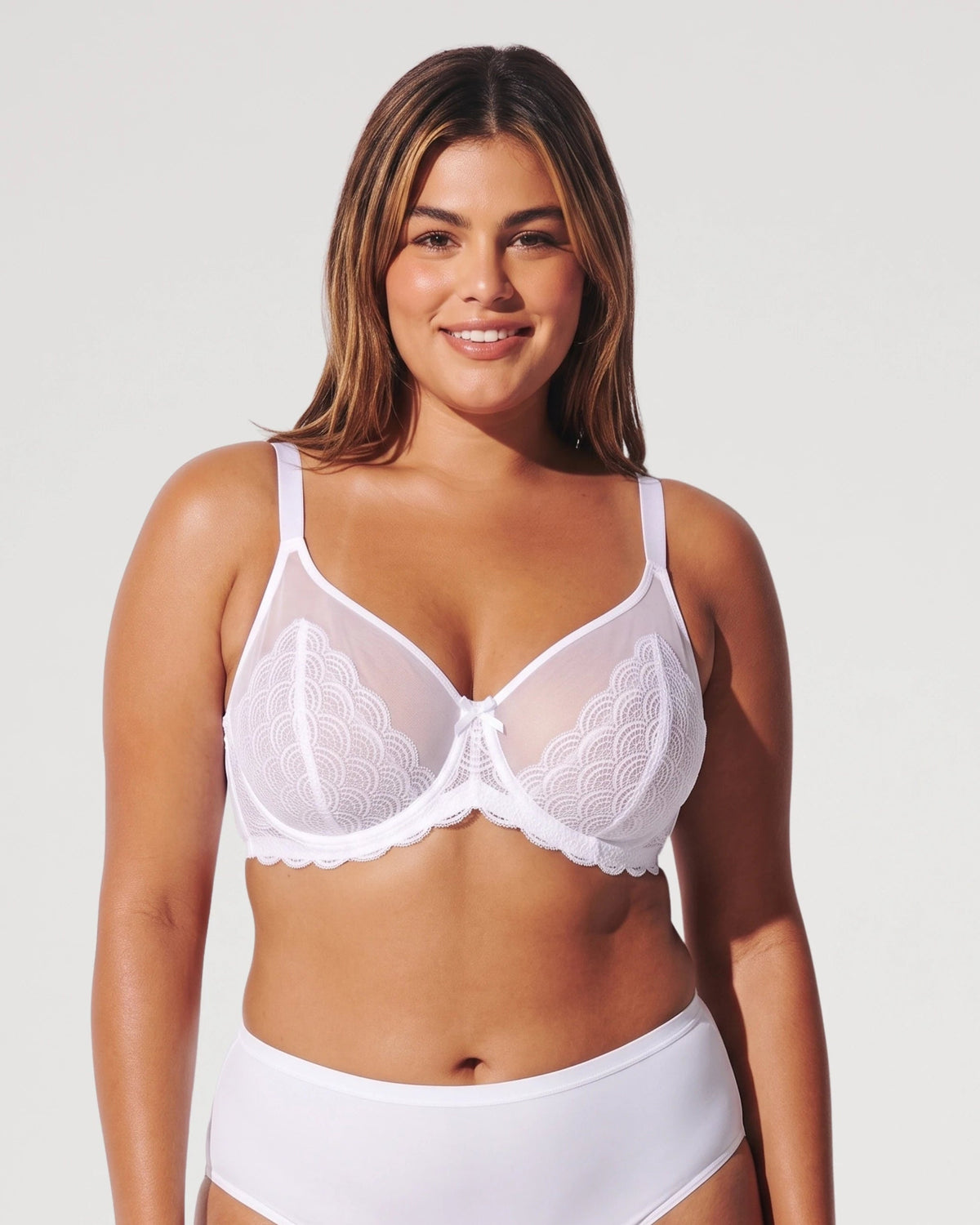 PLERIVA Unlined Lace Underwire Minimizer Bra in White, front view on model