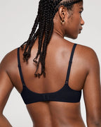PLERIVA Unlined Plunge Balconette Bra in Black, back view showing the hook-and-eye closure