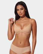 PLERIVA Unlined Plunge Balconette Bra in Nude, full-length front view with matching brief