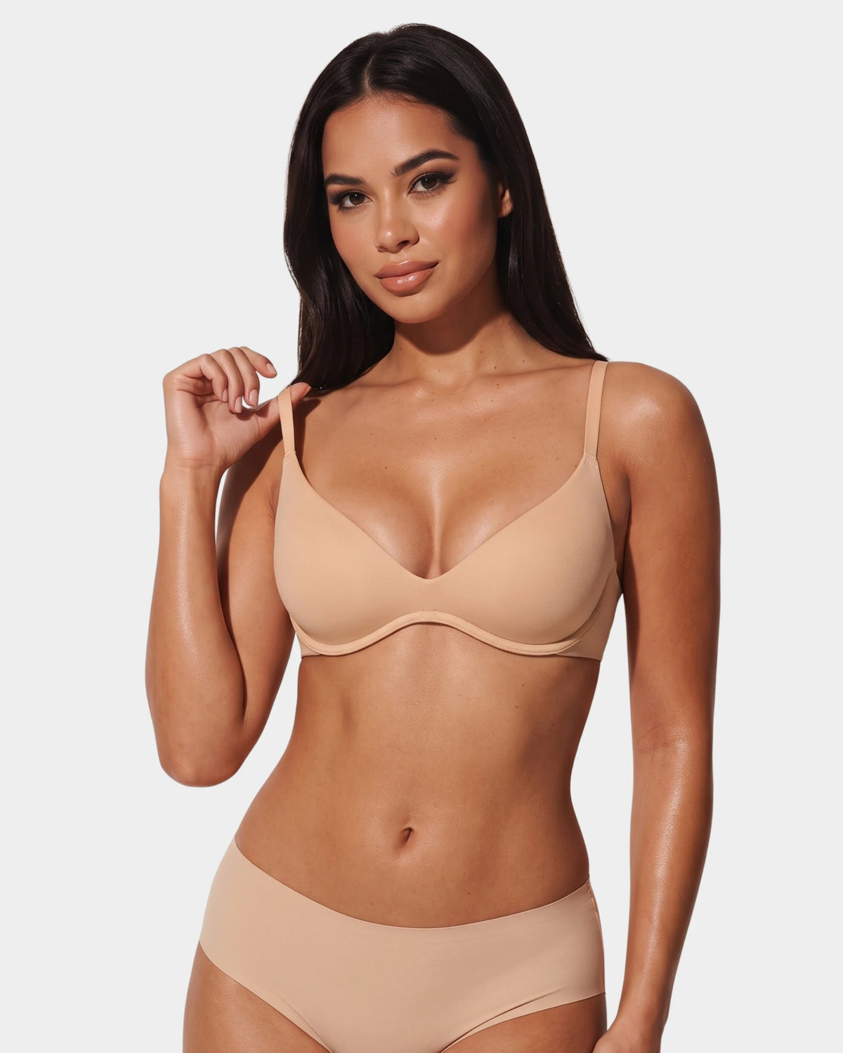 PLERIVA Unlined Plunge Balconette Bra in Nude, full-length front view with matching brief