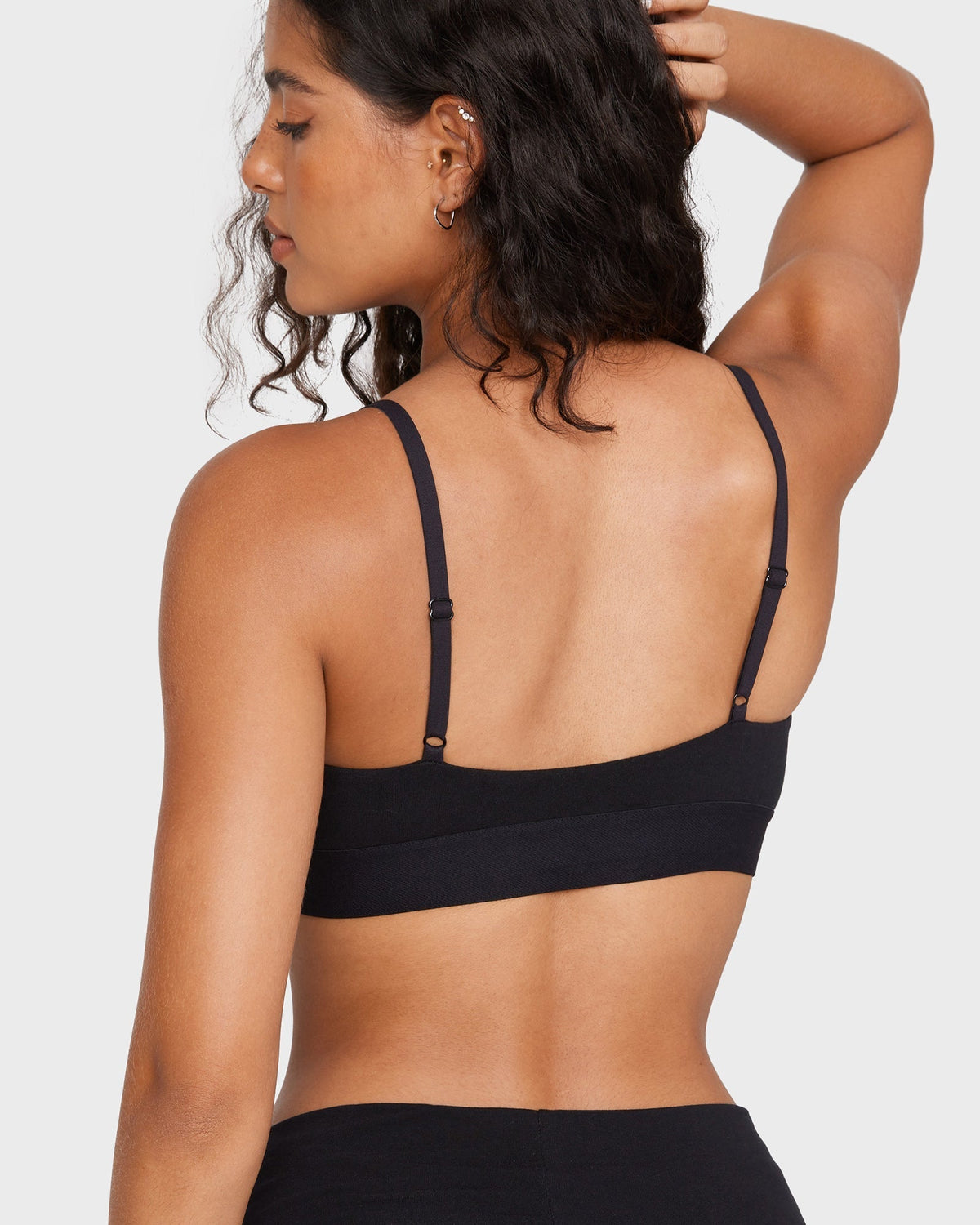 PLERIVA Unlined Scoop Neck Wireless Bralette in Black, back view