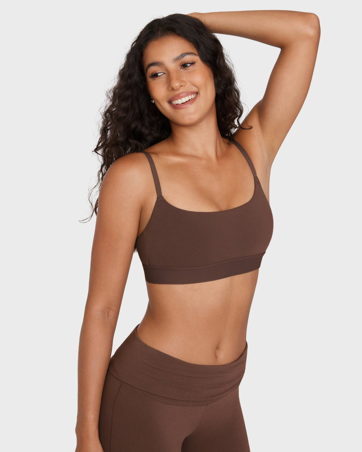 PLERIVA Unlined Scoop Neck Wireless Bralette in Coffee, front view