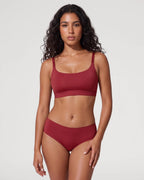 PLERIVA Unlined Scoop Neck Wireless Bralette in Wine Red, full-length front view