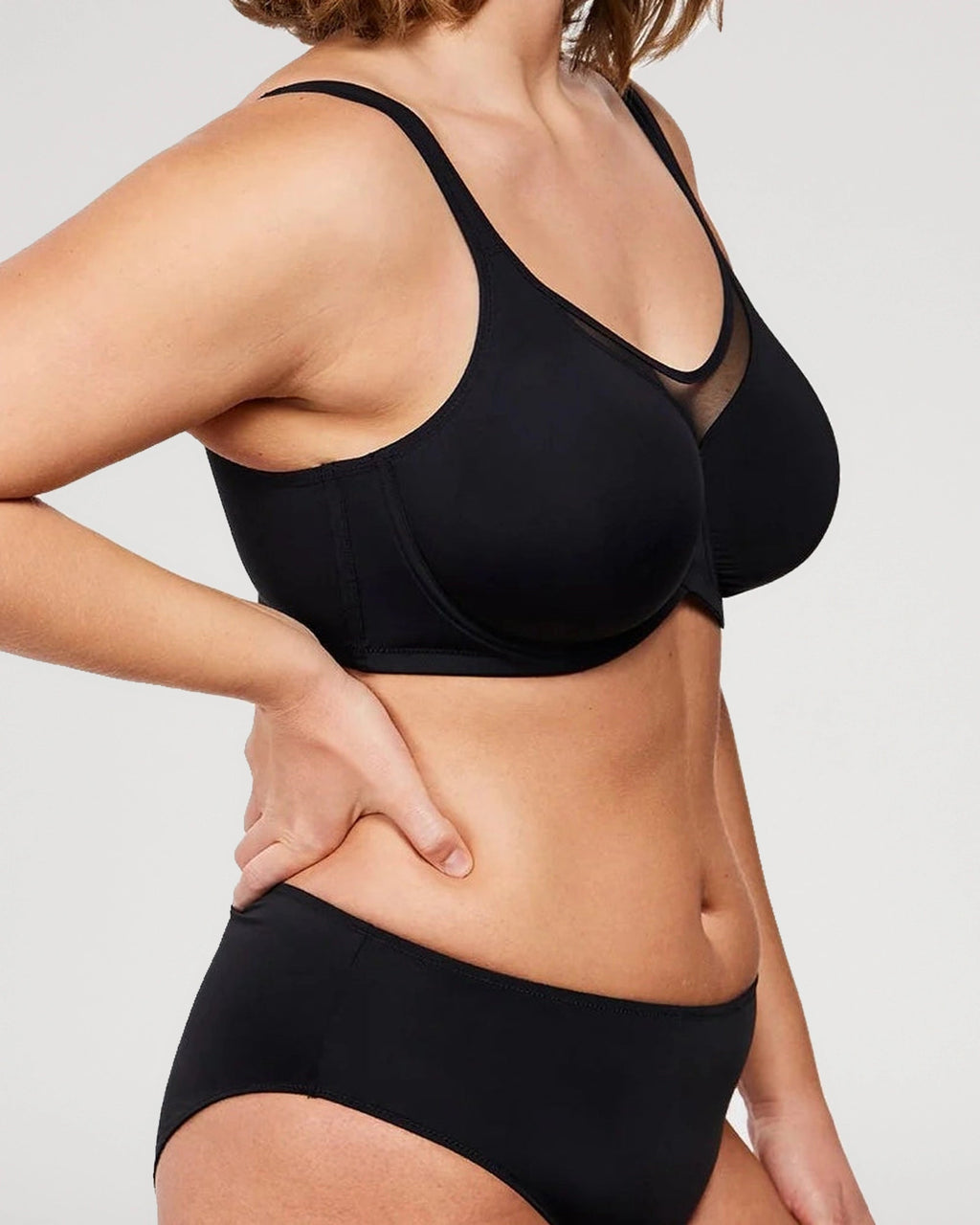 PLERIVA Unlined Underwire Full Coverage Minimizer Bra in Black, side view