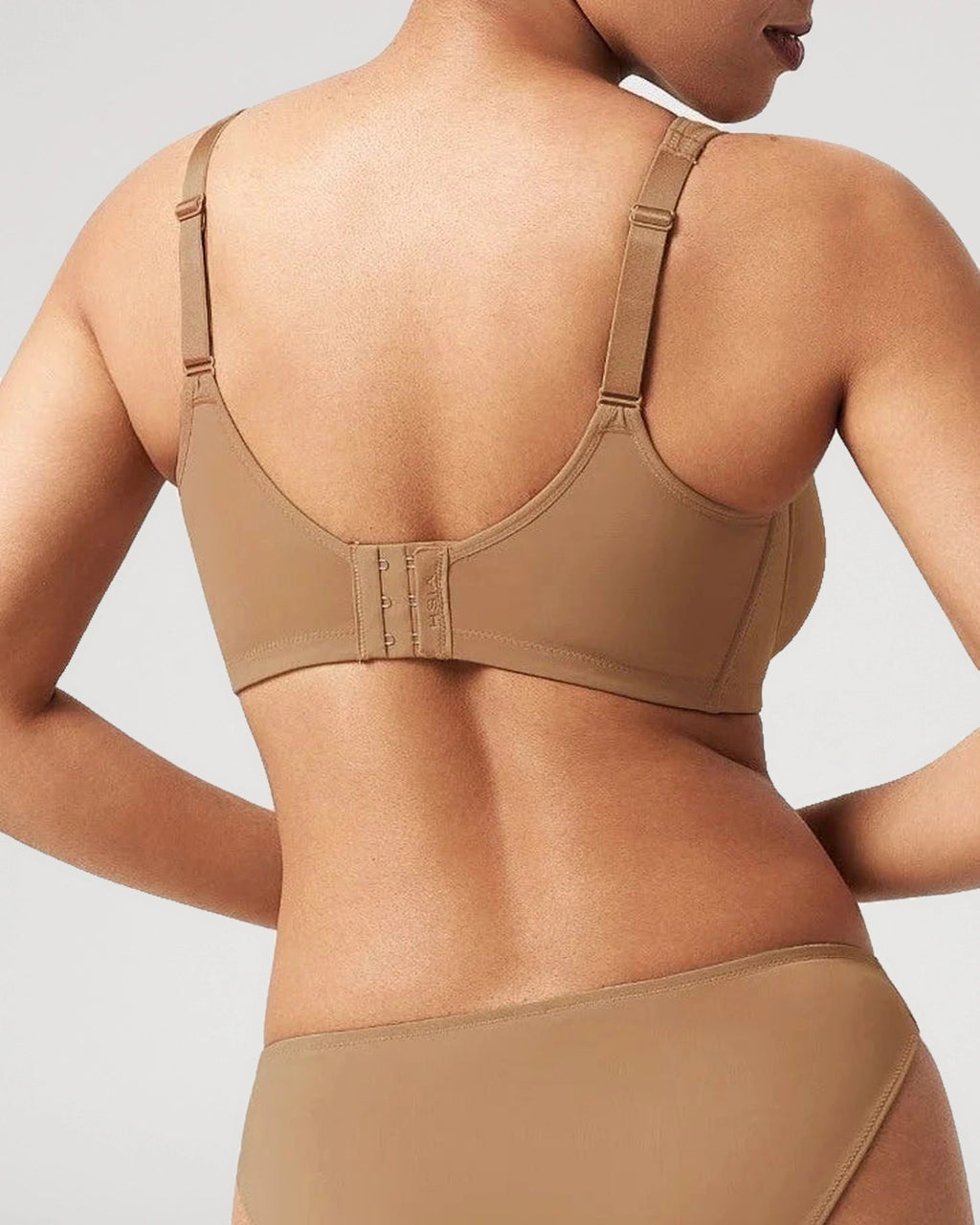 PLERIVA Unlined Underwire Full Coverage Minimizer Bra in Coffee, back view showing the hook-and-eye closure