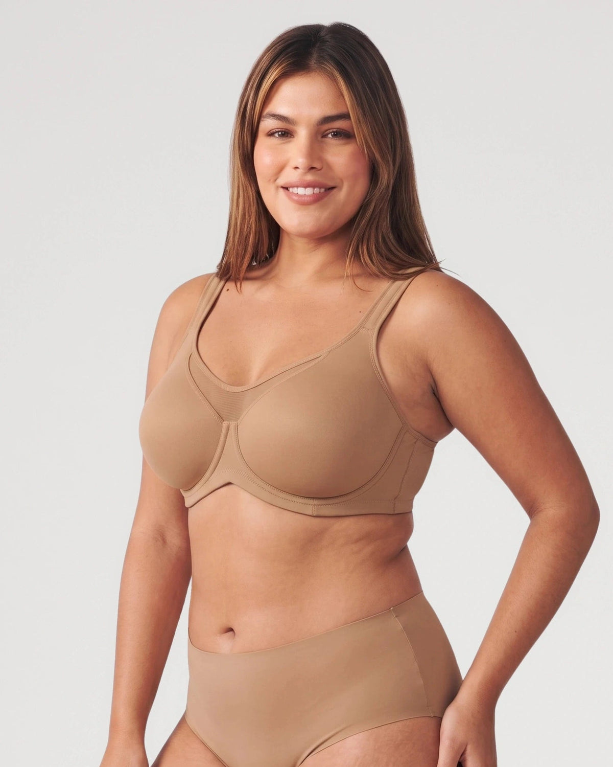 PLERIVA Unlined Underwire Full Coverage Minimizer Bra in Coffee, angled front view