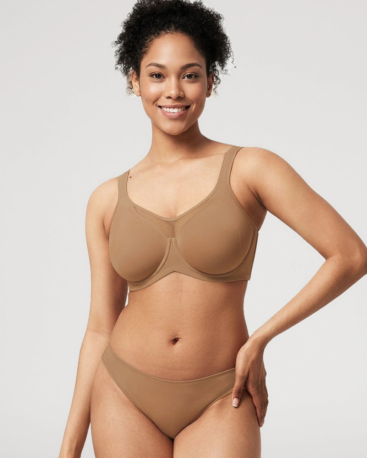 PLERIVA Unlined Underwire Full Coverage Minimizer Bra in Coffee, front view on a second model