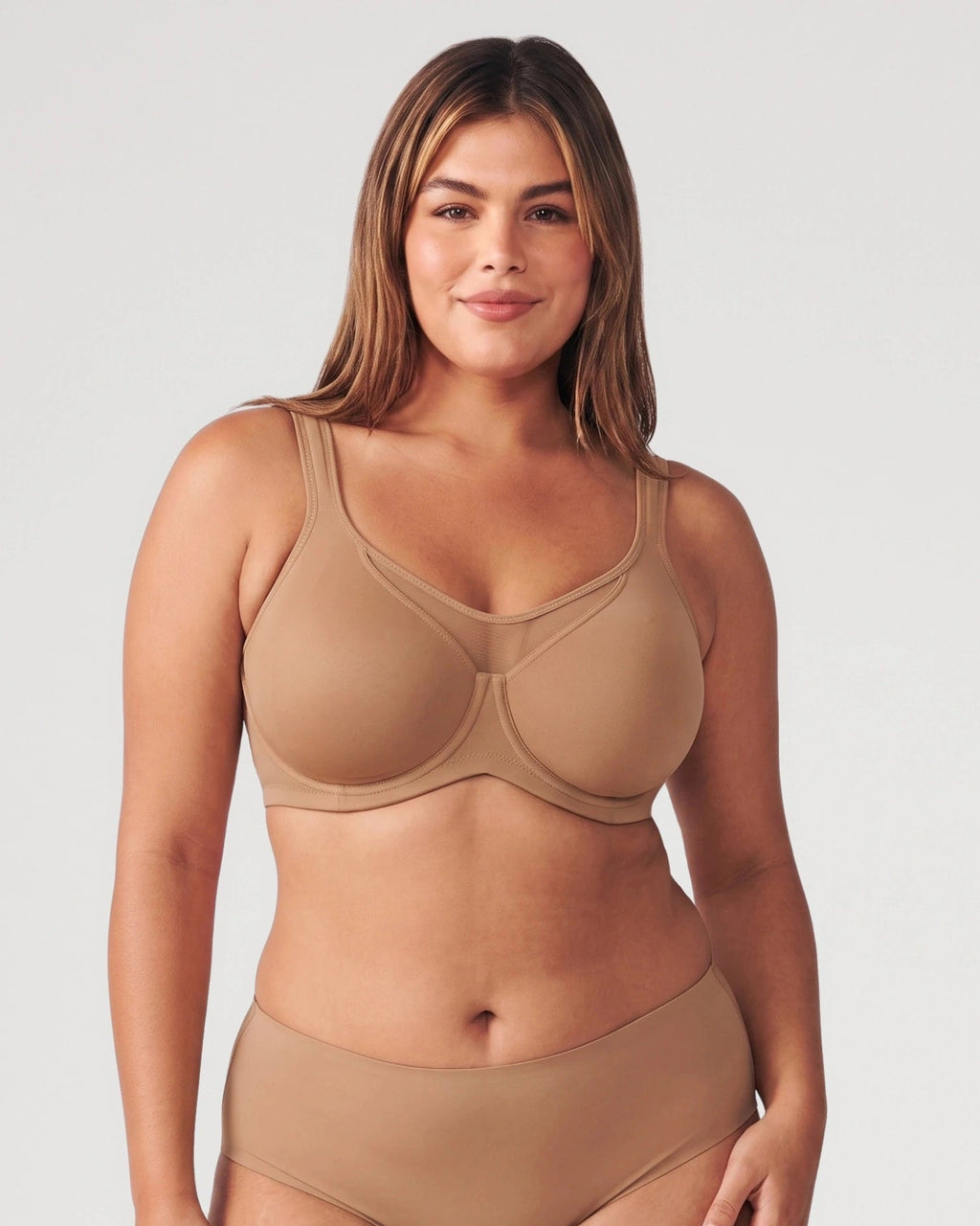 PLERIVA Unlined Underwire Full Coverage Minimizer Bra in Coffee, front view on model
