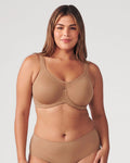 PLERIVA Unlined Underwire Full Coverage Minimizer Bra in Coffee, front view on model