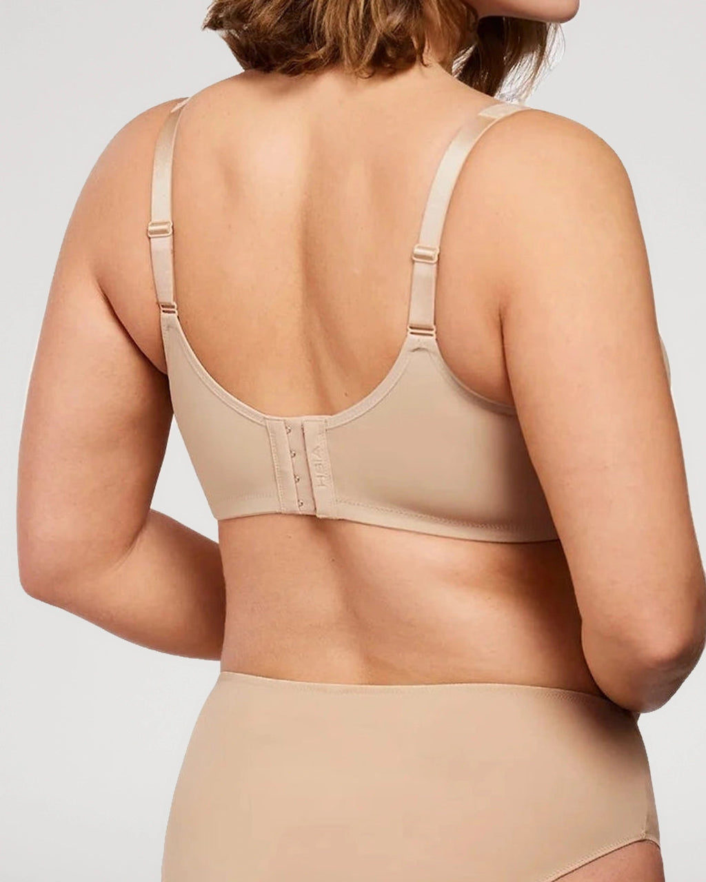 PLERIVA Unlined Underwire Full Coverage Minimizer Bra in Light Beige, back view