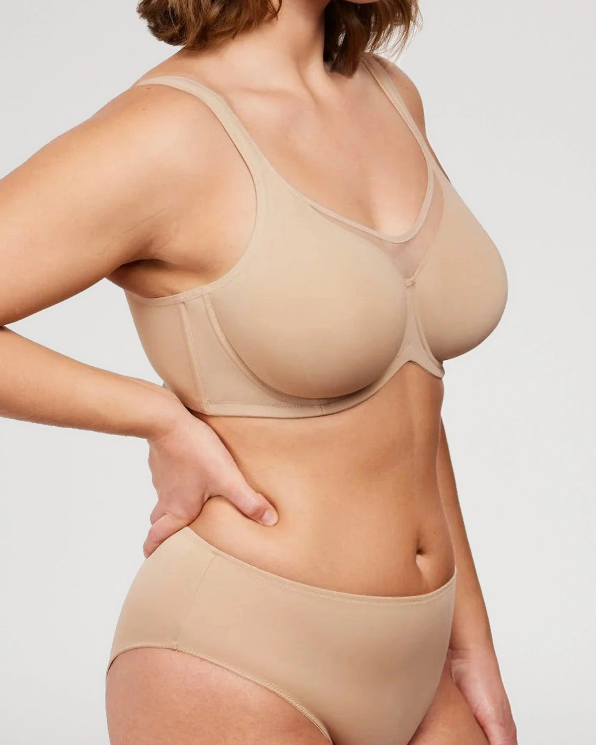 PLERIVA Unlined Underwire Full Coverage Minimizer Bra in Light Beige, three-quarter view
