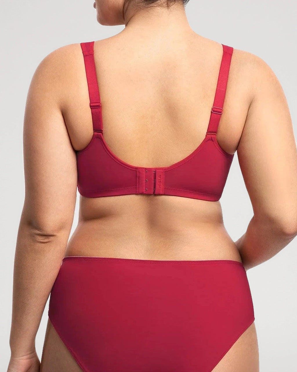PLERIVA Unlined Underwire Full Coverage Minimizer Bra in Red, back view