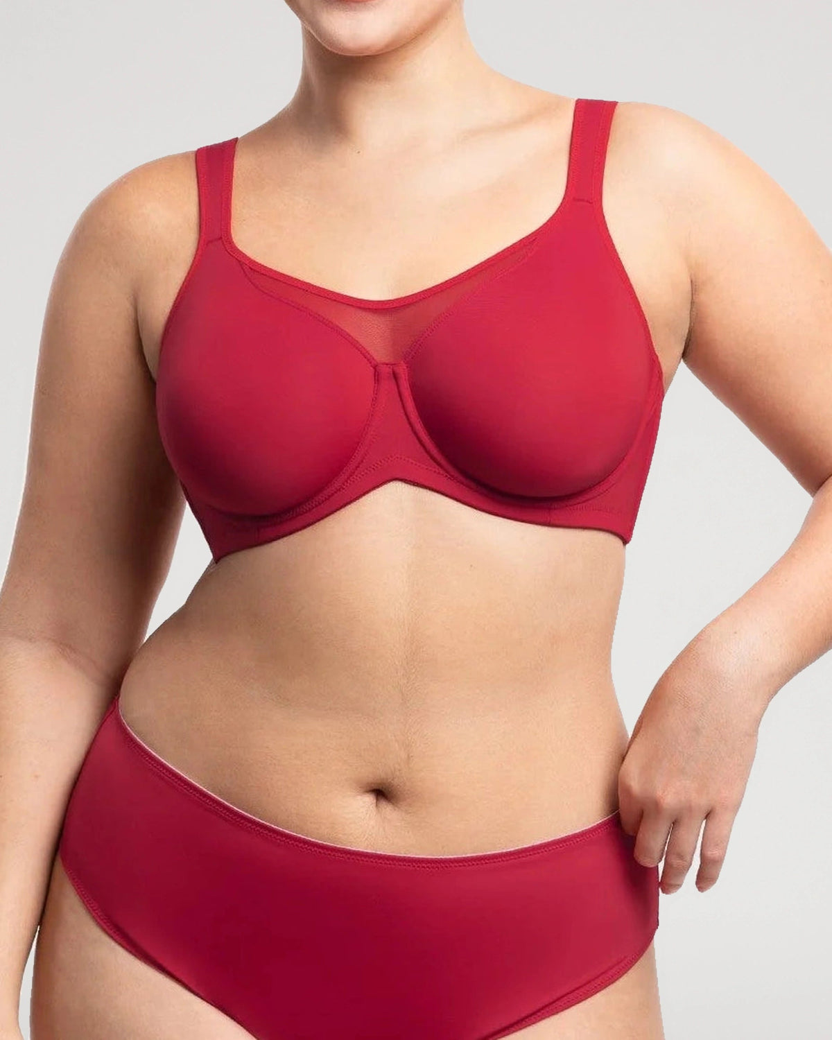 PLERIVA Unlined Underwire Full Coverage Minimizer Bra in Red, front view