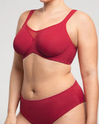 PLERIVA Unlined Underwire Full Coverage Minimizer Bra in Red, three-quarter view