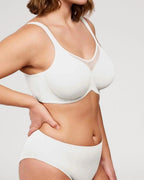 PLERIVA Unlined Underwire Full Coverage Minimizer Bra in White, three-quarter view