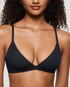 PLERIVA Unlined Wireless Plunge Bralette in Black, close-up of the plunge neckline