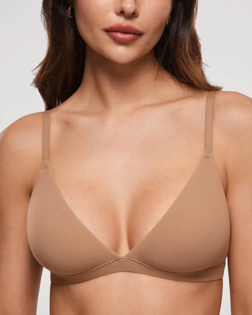 PLERIVA Unlined Wireless Plunge Bralette in Gravel Beige, front close-up on model