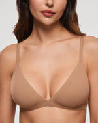 PLERIVA Unlined Wireless Plunge Bralette in Gravel Beige, front close-up on model