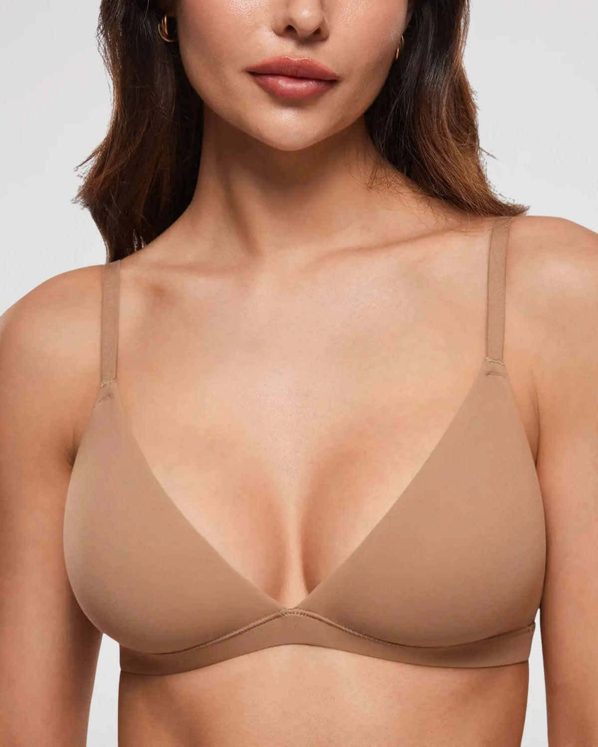 PLERIVA Unlined Wireless Plunge Bralette in Gravel Beige, front close-up on model