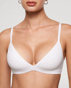 PLERIVA Unlined Wireless Plunge Bralette in White, front close-up on model