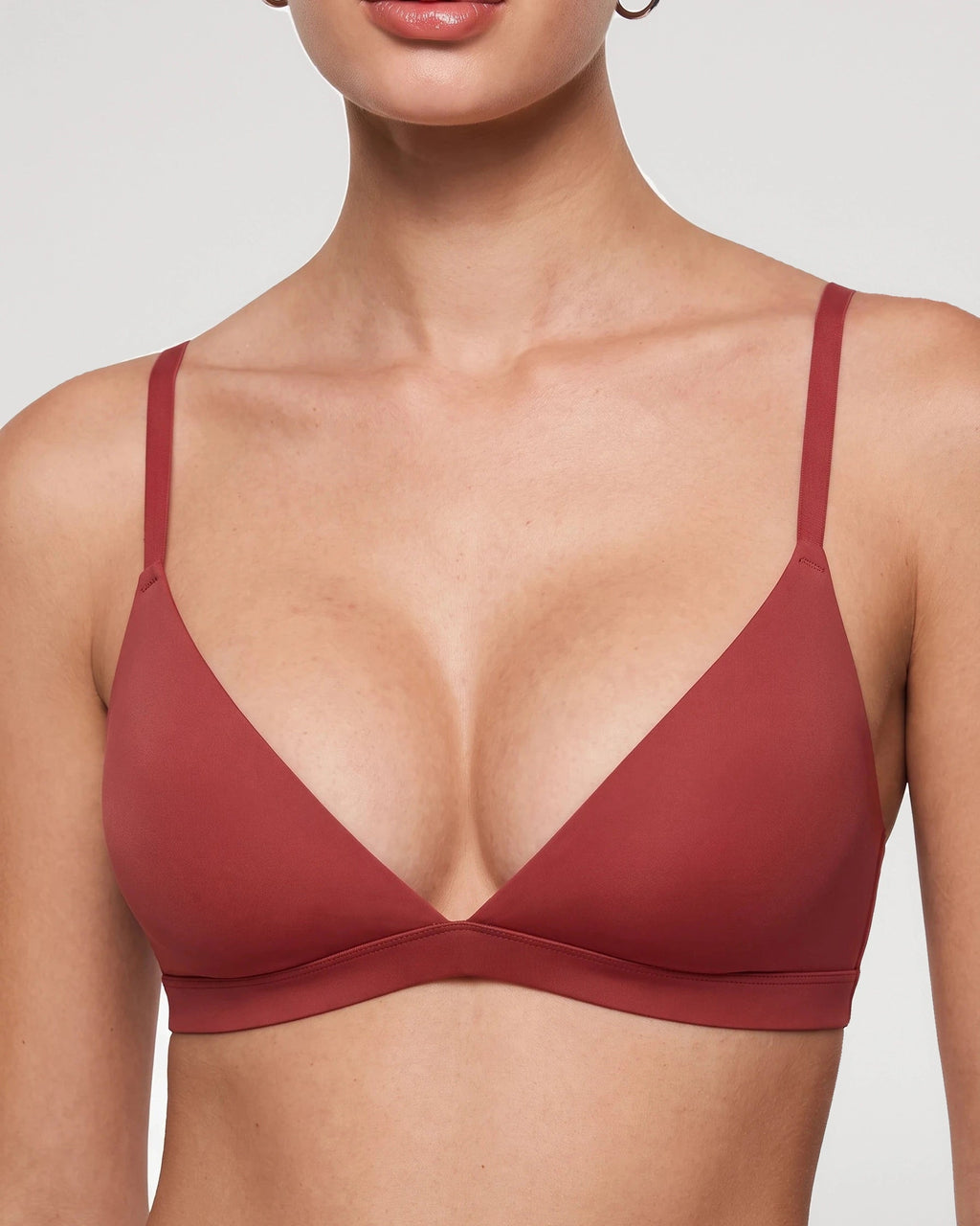 PLERIVA Unlined Wireless Plunge Bralette in Wine Red, front close-up on model