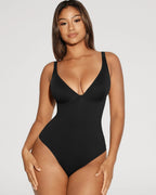 PLERIVA V-Neck Tummy Control Sculpting Bodysuit in Black, standing front view on model