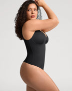 PLERIVA V-Neck Tummy Control Sculpting Bodysuit in Black, side view on model