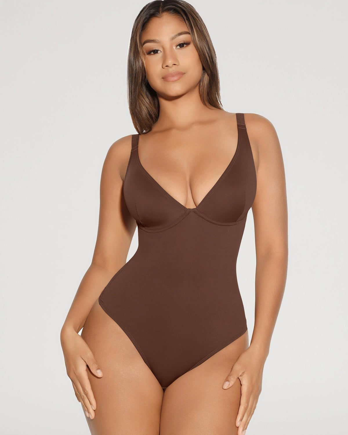 PLERIVA V-Neck Tummy Control Sculpting Bodysuit in Brown, front view on model