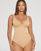 PLERIVA V-Neck Tummy Control Sculpting Bodysuit in Coconut White, front view on model