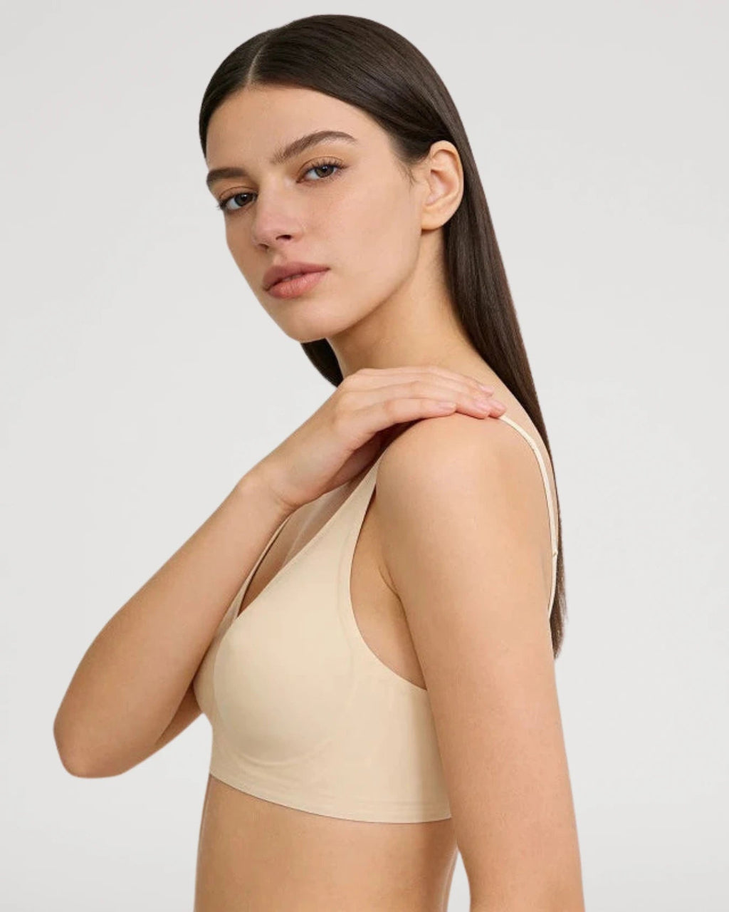 PLERIVA Wireless Contour Detail Lift Bra in Nude, side view