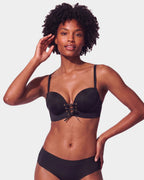 PLERIVA Wireless Lift Bra with Lace-Up Front in Black, front view on model showing the lace-up front
