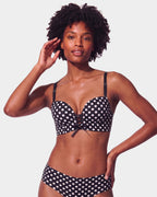 PLERIVA Wireless Lift Bra with Lace-Up Front in Black polka dot, front view on model showing the lace-up front
