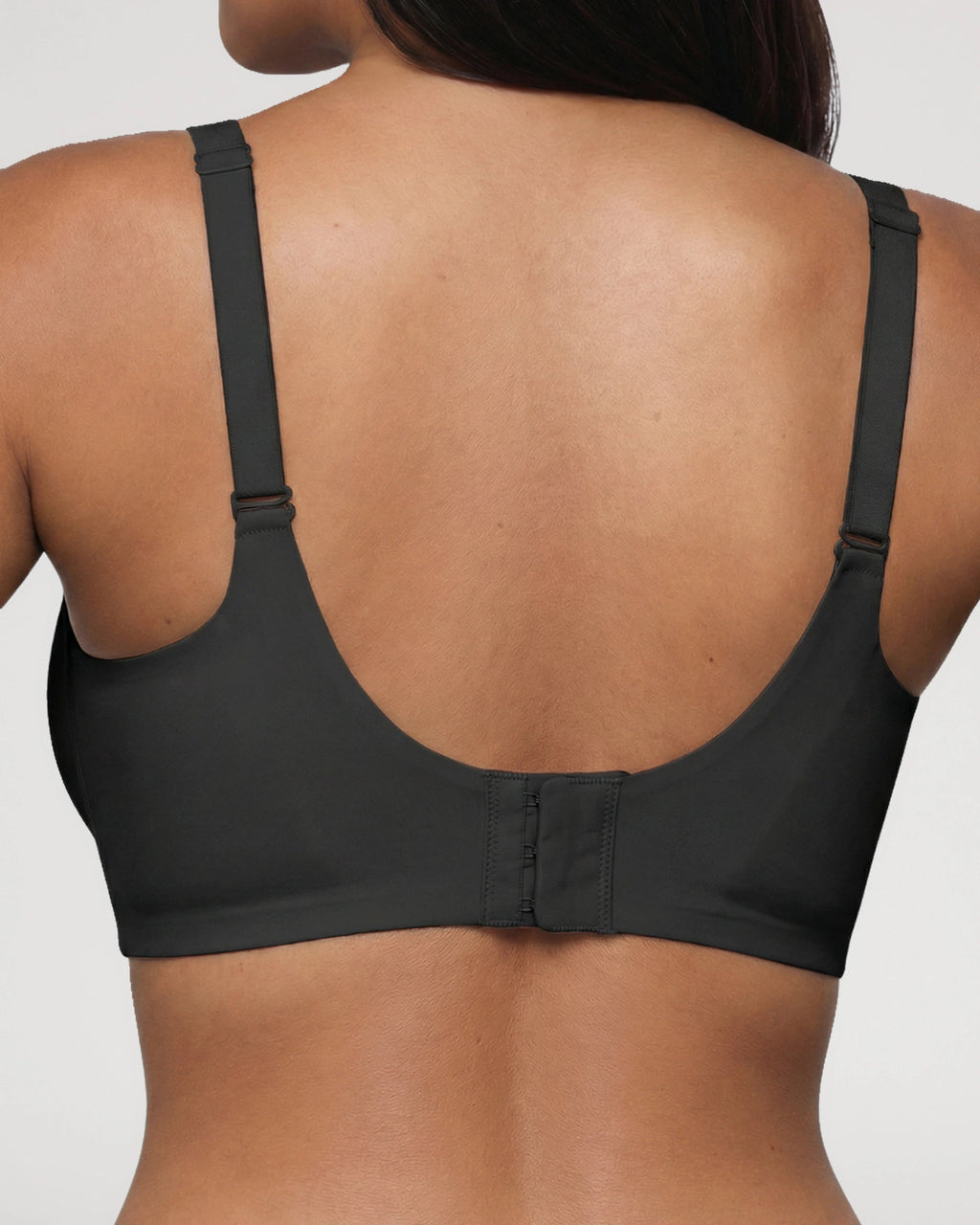 PLERIVA Wireless Plunge Lift Bra in Black, back view showing the hook-and-eye closure
