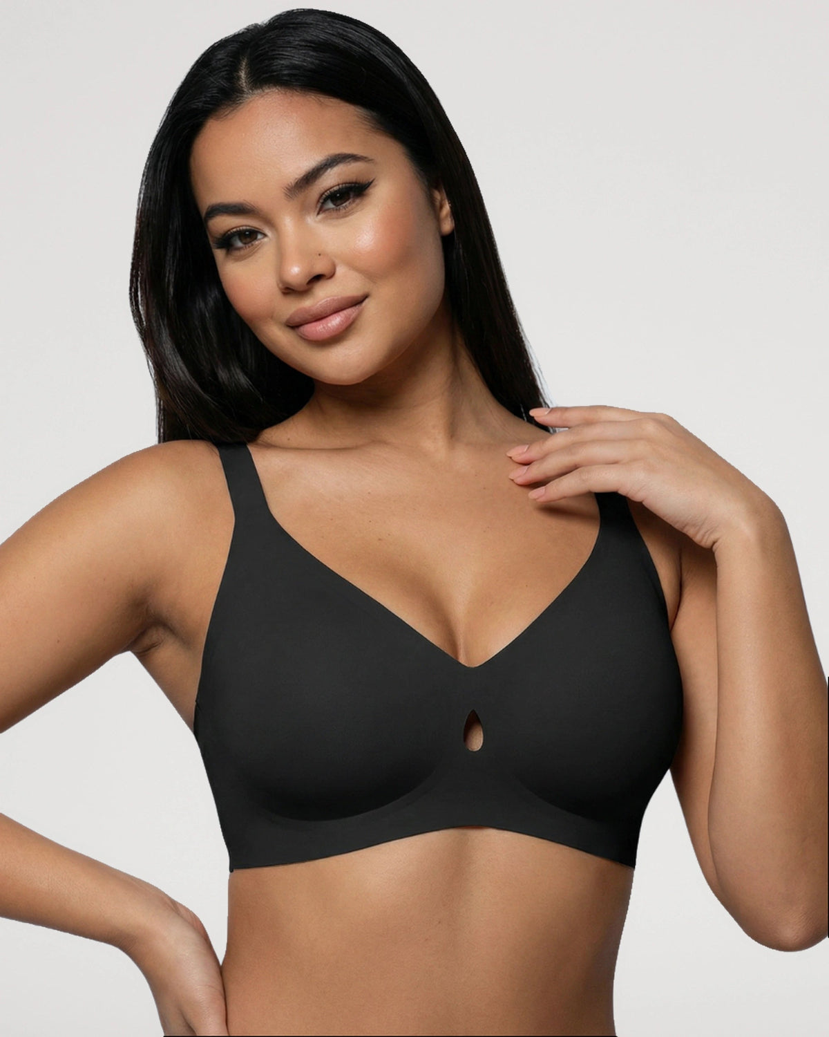 PLERIVA Wireless Plunge Lift Bra in Black, front view on model