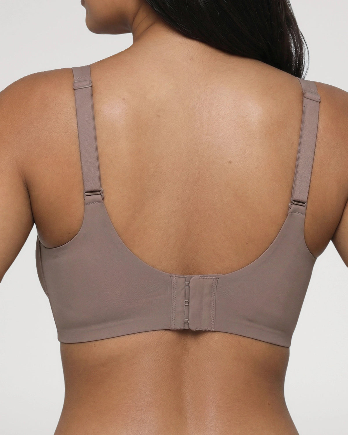 PLERIVA Wireless Plunge Lift Bra in Gray, back view showing the hook-and-eye closure