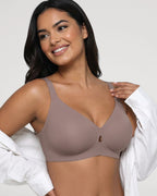 PLERIVA Wireless Plunge Lift Bra in Gray, front view on model with an open shirt