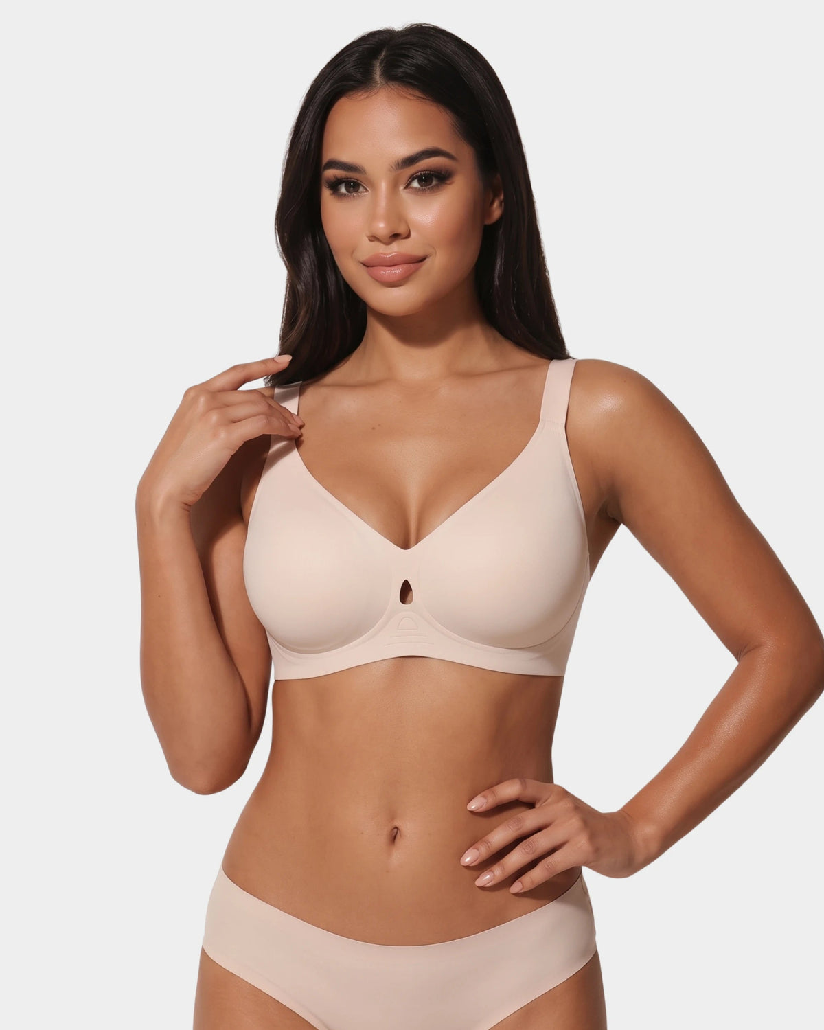 PLERIVA Wireless Plunge Lift Bra in Nude, front view on model with matching briefs
