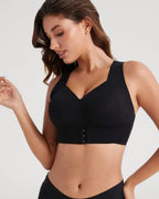 PLERIVA Wireless Posture Bra with Front Closure in Black, angled front view