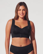 PLERIVA Wireless Posture Bra with Front Closure in Black, front view on model