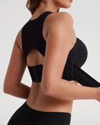 PLERIVA Wireless Posture Bra with Front Closure in Black, back view showing the open back panel