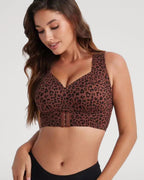 PLERIVA Wireless Posture Bra with Front Closure in Leopard, angled front view